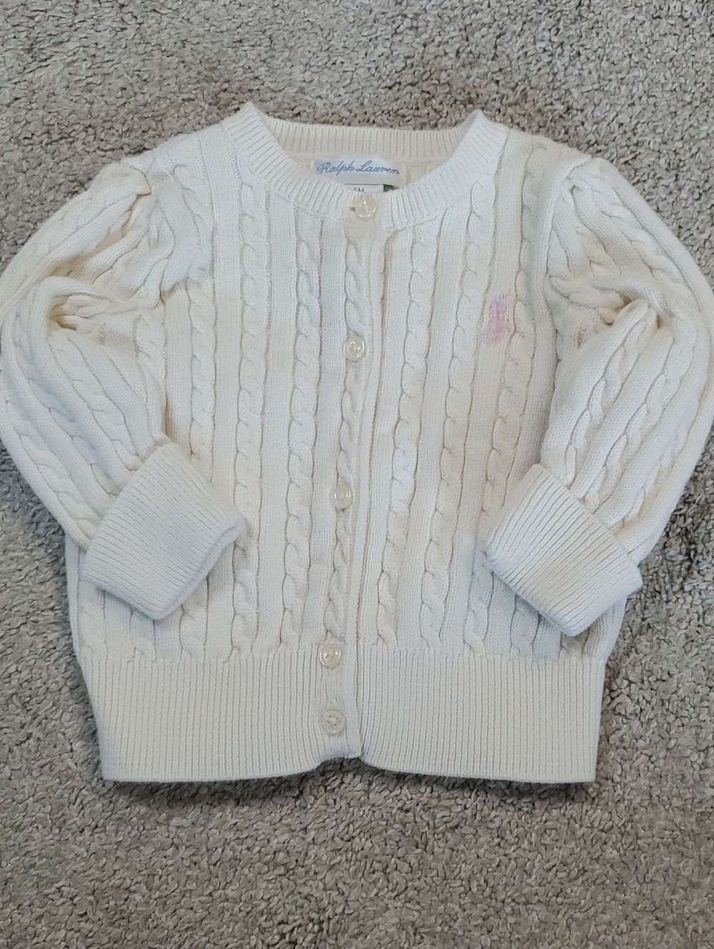 Ralph Lauren Cream Cable Knit Button-Up Cardigan with Pink Polo Pony. 6 Months